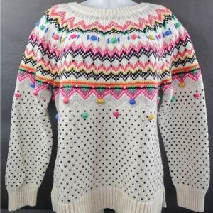 Talbots cream-colored Fair Isle sweater with colorful pom-poms